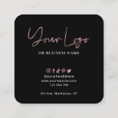QR Code Scannable Glam Black & Rose Gold Logo Quadratische Visitenkarte (Rückseite)