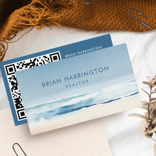 QR-Code Scannable Watercolor Coastal Blue Beach Visitenkarte