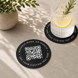 QR-Code Scanne Mich Schwarz Modern Stilvoll Gesc Runder Pappuntersetzer