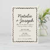 QR-Code Schwarz Creme Moderne Whimsical Hochzeit Einladung (Stehend Vorderseite)
