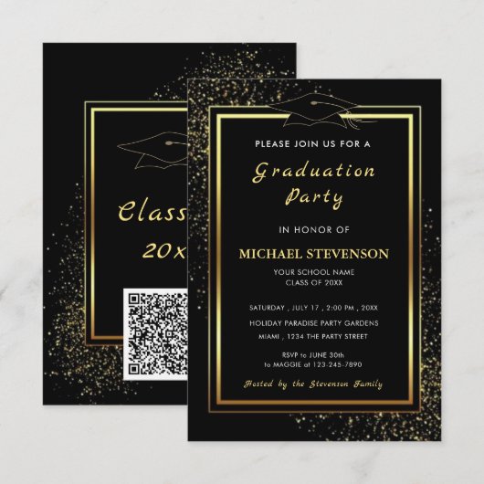 QR-Code Schwarz Gold Glitter Abschluss Einladungen (Vorne/Hinten)