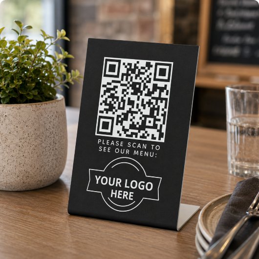 QR-Code Schwarz Menü Logo Kontaktlos Modernes Café Sockelschild