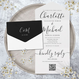 QR-Code Schwarz-Weiß Minimalistische Hochzeit All In One Einladung