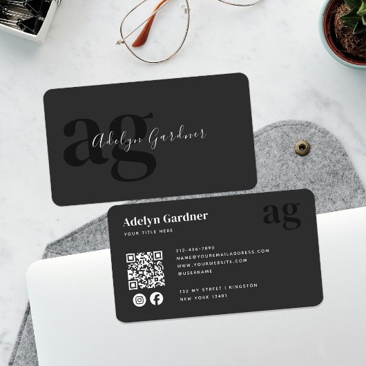QR-Code Schwarz-weiß Monogram Script Social Media Visitenkarte