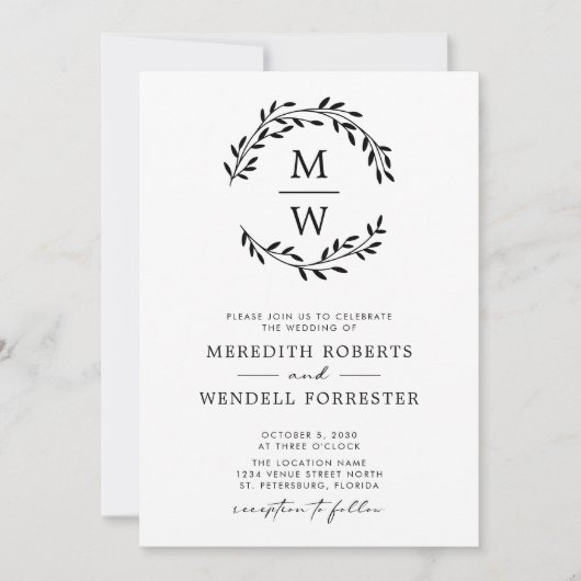 QR-Code Schwarz-Weiß-Monogramm-Wraath-Hochzeit Einladung (Vorderseite)