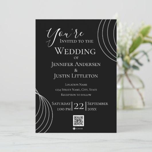 QR-Code Schwarz-weiße Hochzeit Einladung (Stehend Vorderseite)