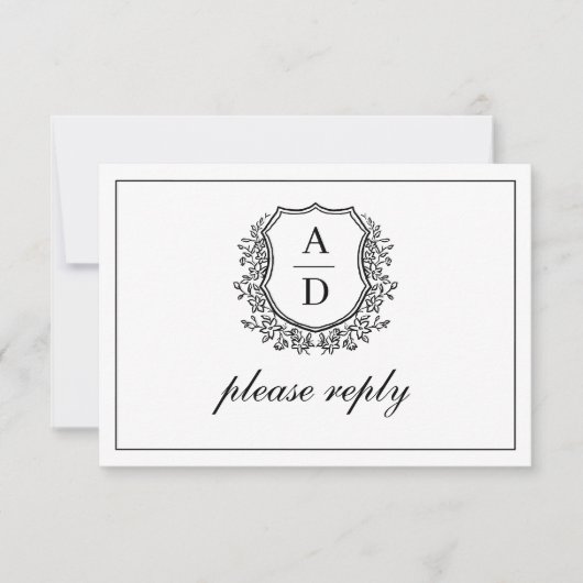 QR Code Schwarz-weißes Wappen Monogramm Hochzeit RSVP Karte (Vorderseite)