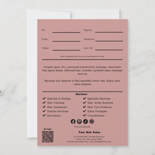 QR Code Service Note Rosa Stylist Geschenkgutschei (Rückseite)