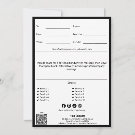 QR Code Service Note Schwarz-weiß Gift Certificate (Rückseite)