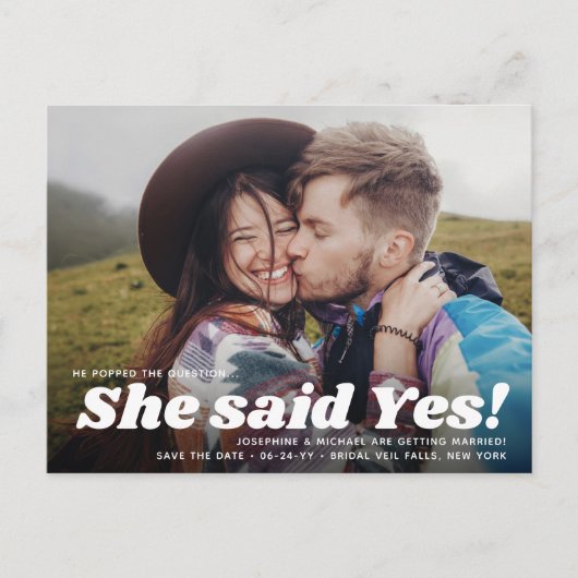 QR Code Sie sagte ja! Hochzeitssachen speichern de Ankündigungspostkarte (Vorderseite)