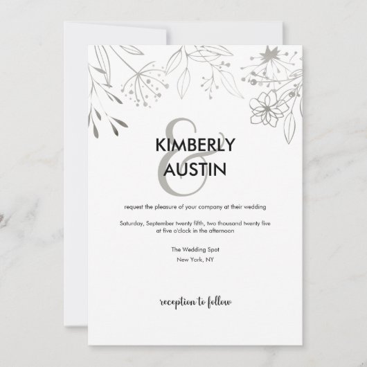 QR Code Silver Floral Wedding Einladung (Vorderseite)