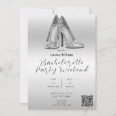 QR CODE Silver Glitzer Shoes Bachelorette Einladung (Vorderseite)