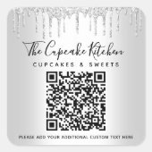 QR-Code Silver Glitzer Tropfen Geschäftsname Moder Quadratischer Aufkleber (Vorderseite)