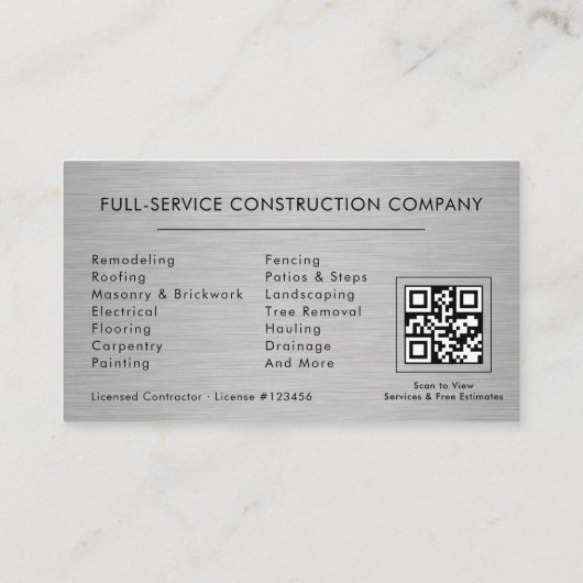 QR Code Silver Metallic Handyman Construction Visitenkarte (Rückseite)