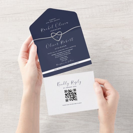 QR Code Silver Navy Blue Wedding All In One Einladung (Abreißen)