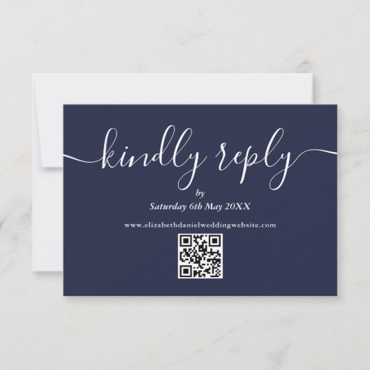 QR Code Skript Kindly Reply Navy Blue Wedding RSVP Karte (Vorderseite)