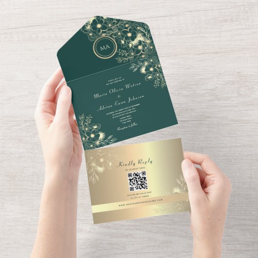 QR-Code Smaragd-Gold-Blumenhochzeit All In One Einladung (Abreißen)
