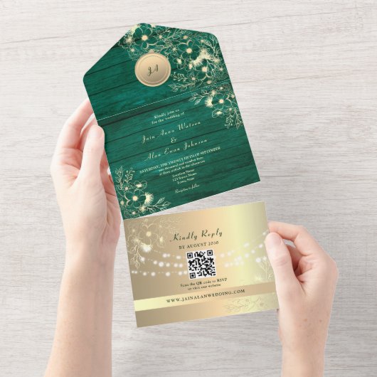 QR-Code Smaragdgrün Rustikale Goldene Lichter Hoch All In One Einladung (Abreißen)