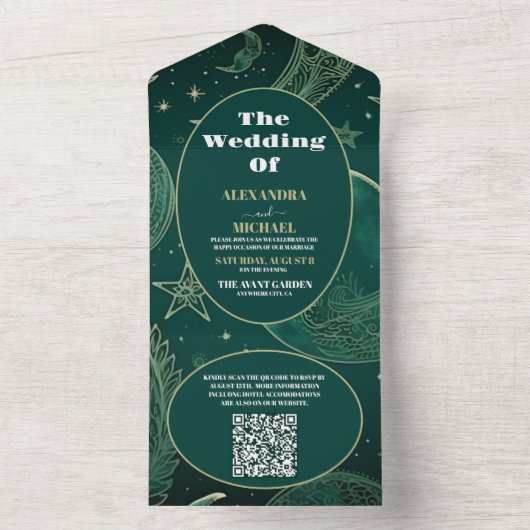 QR Code Smarald Green Gold Celestial Wedding All In One Einladung (Innen Boden)