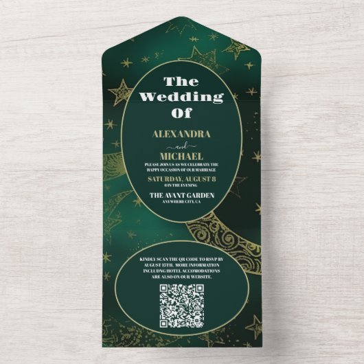 QR Code Smarald Green Gold Celestial Wedding All In One Einladung (Innen Boden)