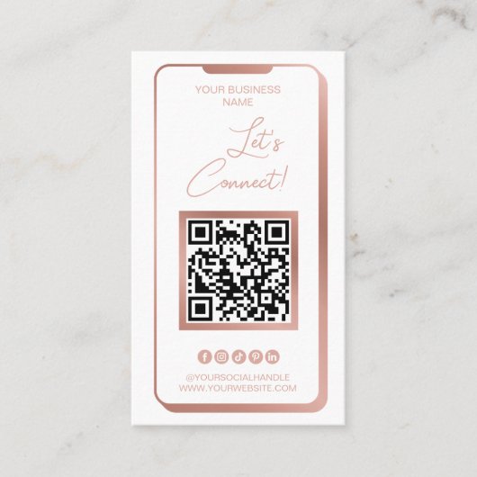 QR Code Social Media Feminine Moderne Rose Gold Bu Visitenkarte (Vorderseite)