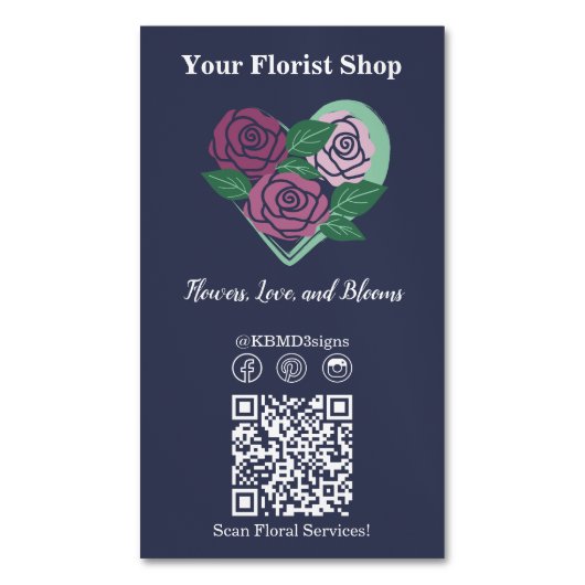 💐 QR Code Social Media Lila-Blue Florist Magnetische Visitenkarte (Vorderseite Vertikal)