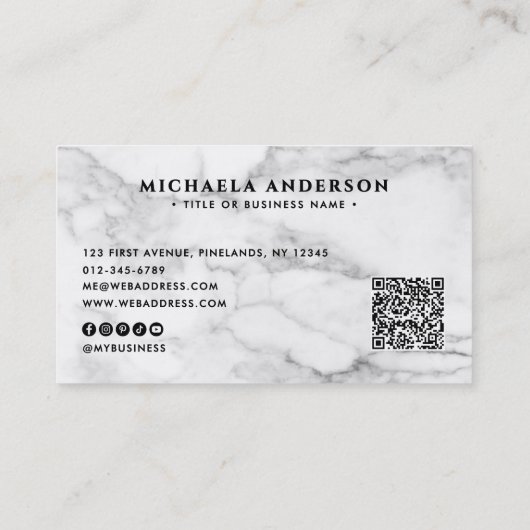 QR Code & Socials aus weißem Marmor Visitenkarte (Rückseite)