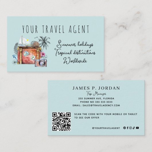 QR CODE Sommerferien Reiseagentur Vorlage Visitenkarte (Vorne/Hinten)