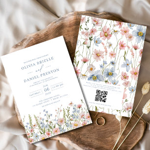 QR-Code Staubblau Rosa Wilde Blumen Hochzeit Einladung