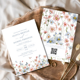 QR-Code Staubblau Rosa Wilde Blumen Hochzeit Einladung