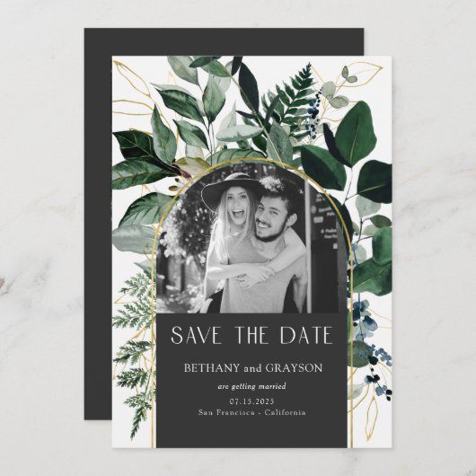 QR-Code Stilvolle Hochzeit des grauen botanischen Save The Date (Vorne/Hinten)
