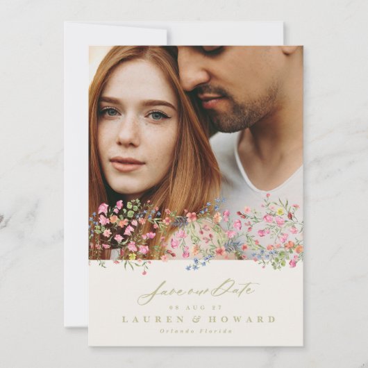 QR CODE subtile Blumenfeder-Band Save the Date Einladung (Vorderseite)