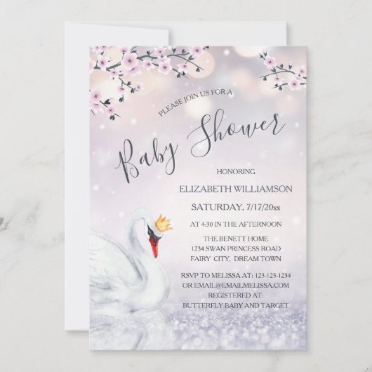 QR-Code | Swan Princess Mauve | Babydusche Einladung (Vorderseite)