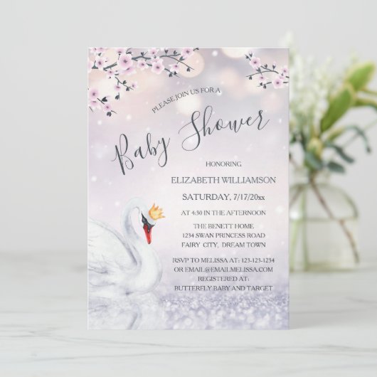 QR-Code | Swan Princess Mauve | Babydusche Einladung (Stehend Vorderseite)