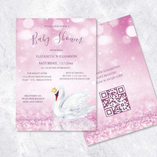 QR-Code | Swan Princess Pink | Girl Baby Dusche Einladung