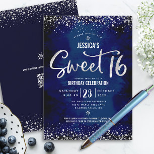 QR-Code Sweet 16 Silber Schrift Navy Wasserfarben Einladung