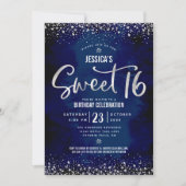 QR-Code Sweet 16 Silber Schrift Navy Wasserfarben Einladung (Vorderseite)