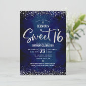 QR-Code Sweet 16 Silber Schrift Navy Wasserfarben Einladung (Stehend Vorderseite)