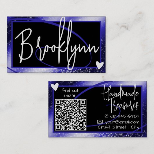 QR Code Template Stilvoll Royal Blue Frame Heart Visitenkarte (Vorne/Hinten)