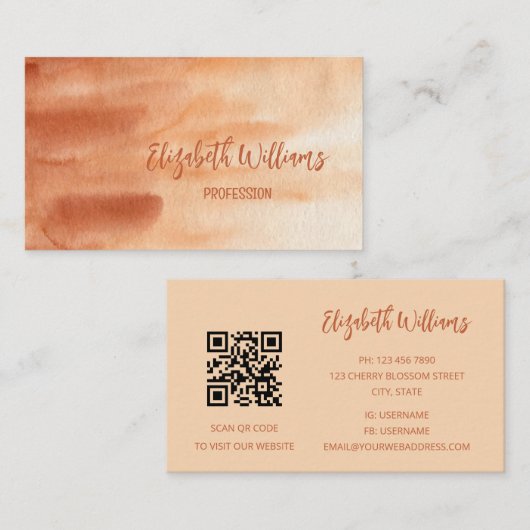 QR Code Terracotta Cream Watercolor Hintergrund Visitenkarte (Vorne/Hinten)