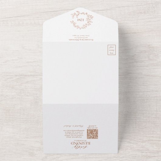 QR Code Terracotta Leafy Wappen Monogram Wedding All In One Einladung (Außenbereich)