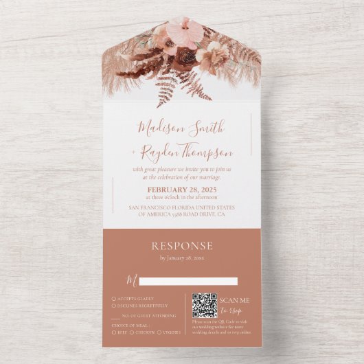 QR Code Terracotta Pampas Grass Wedding All In One Einladung (Innen)