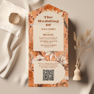 QR-Code Terrakotta Aquarell Wildblumen Hochzeit All In One Einladung