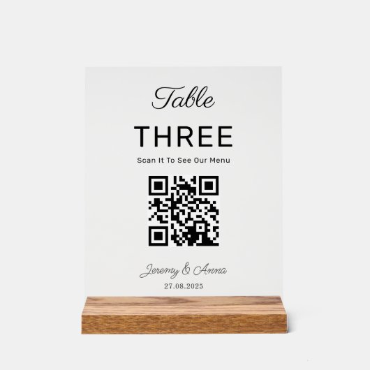QR-Code-Tischnummer-Karte für das Hochzeitmenü Acrylschild (Vorderseite)