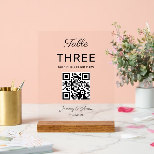 QR-Code-Tischnummer-Karte für das Hochzeitmenü Acrylschild (Hochzeit)