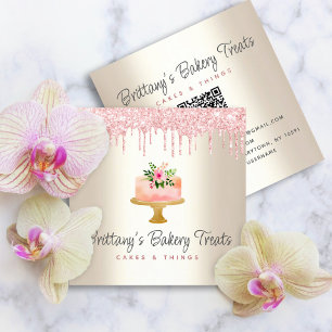 QR-Code-Torte Blush-Pink Glitter-Tropfen Gold Bäck Quadratische Visitenkarte