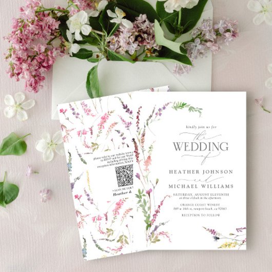 QR Code Trendy Elegante Wildblume Floral Wedding Einladung
