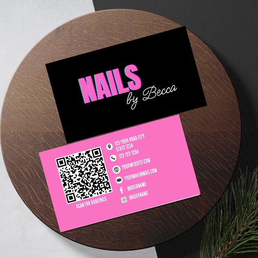 QR Code Trendy Hot Pink Minimal Nail Tech Visitenkarte