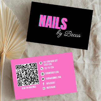QR Code Trendy Hot Pink Minimal Nail Tech Visitenkarte