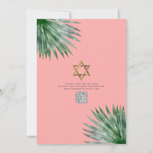 QR Code Tropical Bat Mitzvah Floral Gold Script Einladung (Rückseite)